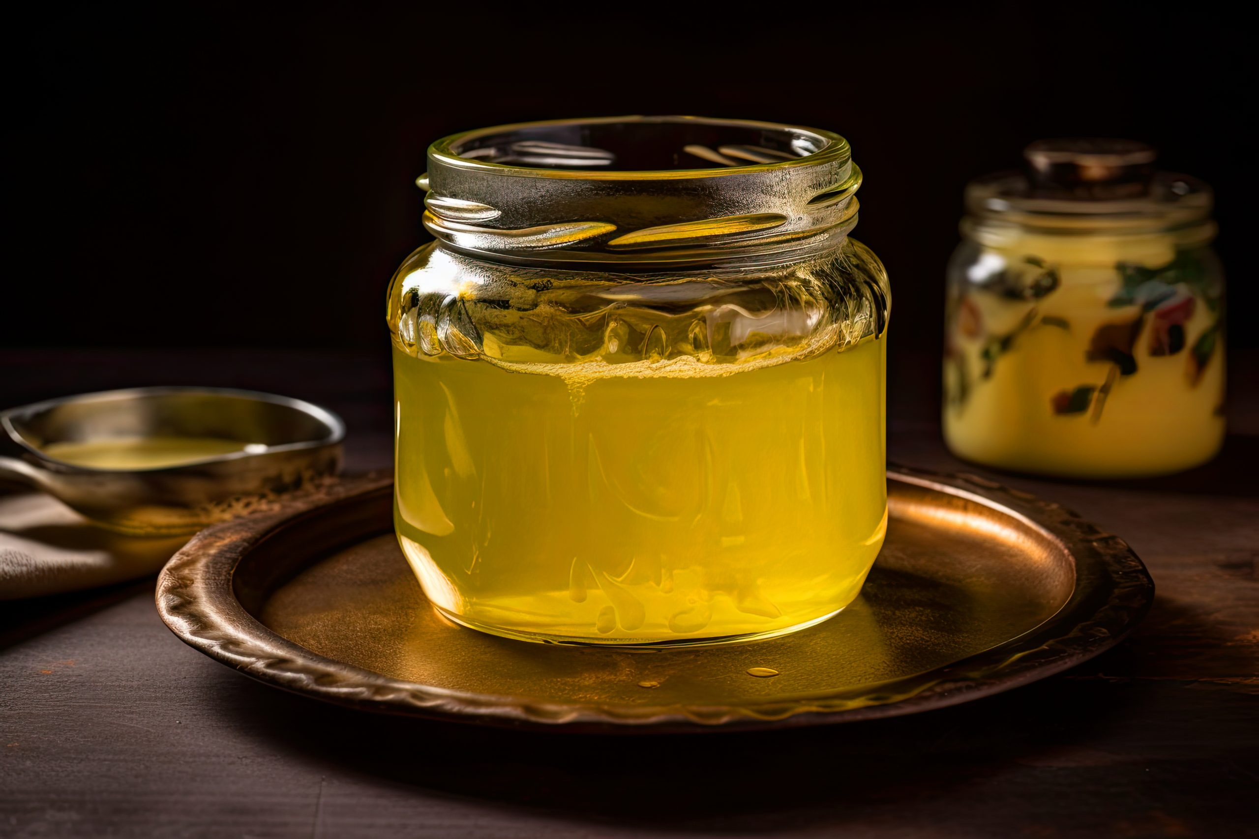 Ghee or clarified butter in jar on wooden table .AI generative.