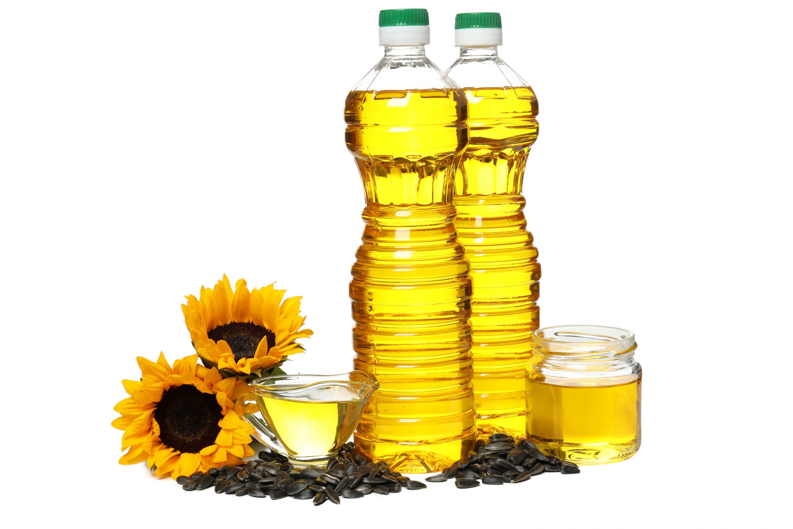 PNG, Oil in jars and bottles, seeds and sunflowers, isolated on