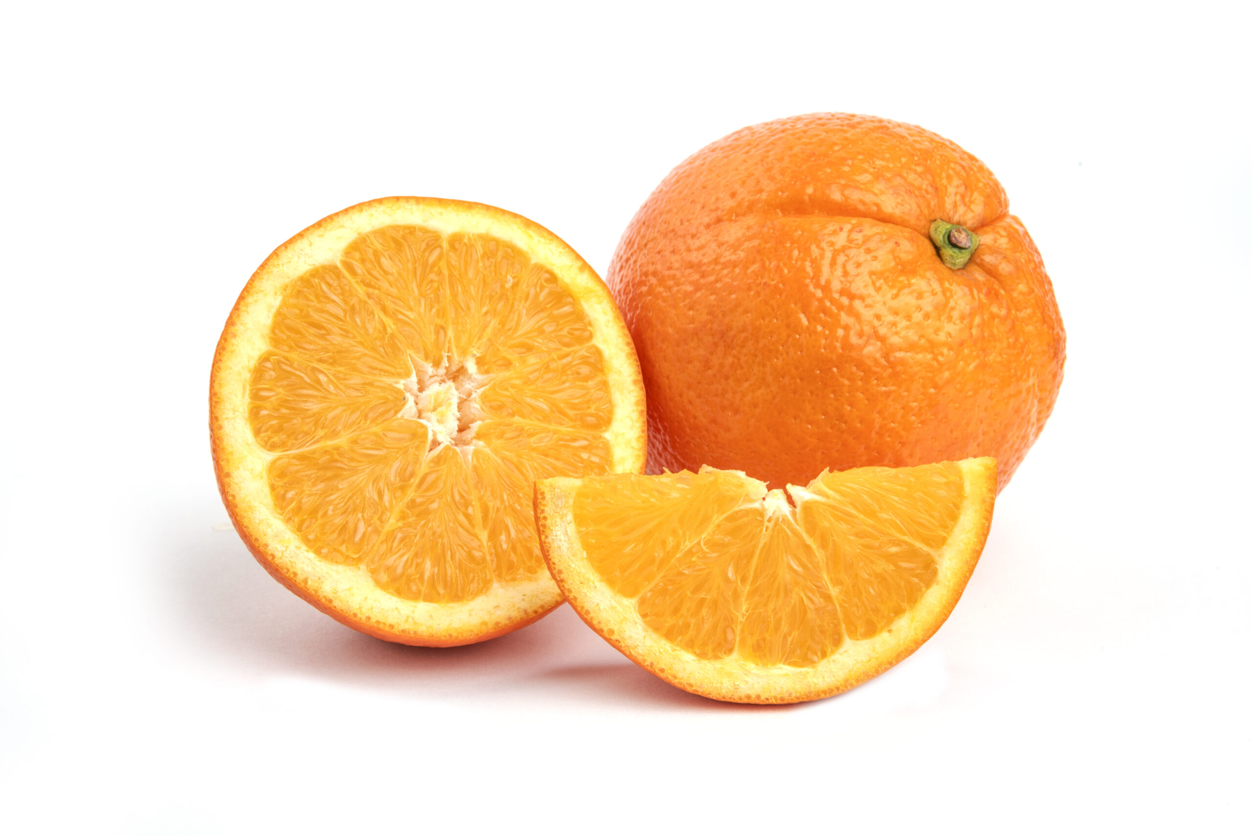 Close up photo of fresh juicy orange isolated on white background